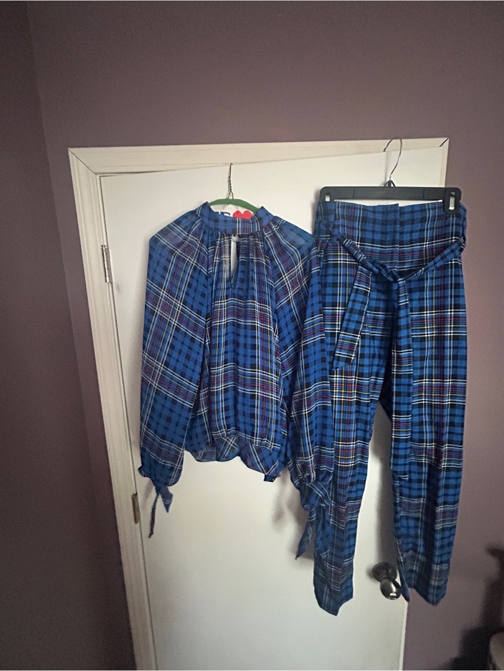 Women's Blue Plaid Two-Piece Pantsuit Set with Tie Waist (M) Shirt (8)Pants